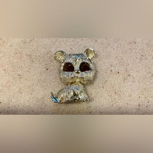 Gold Cat Brooch with Red Accents